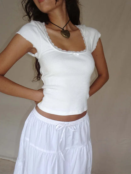 Y2K Vintage Baby Tee – Cottage Lace Trim Knitted T-Shirt