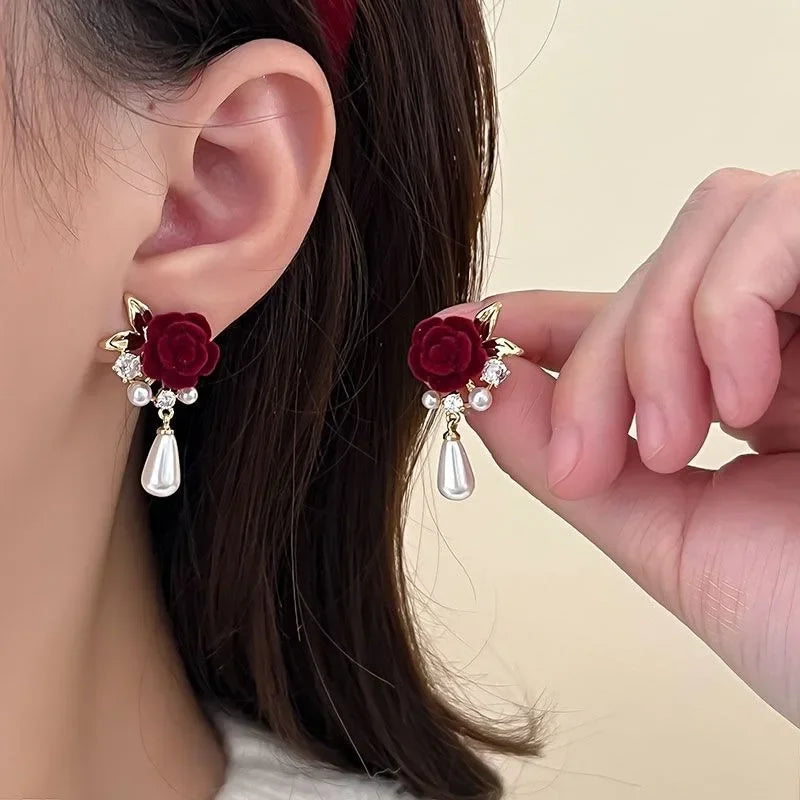 Wine Red Velvet Rose Pearl Earrings for Women