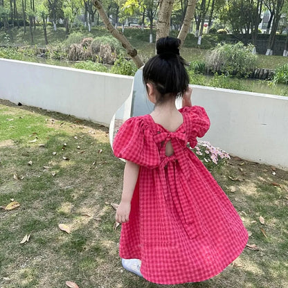 Bear Leader Rose Pink Plaid Bow Dress