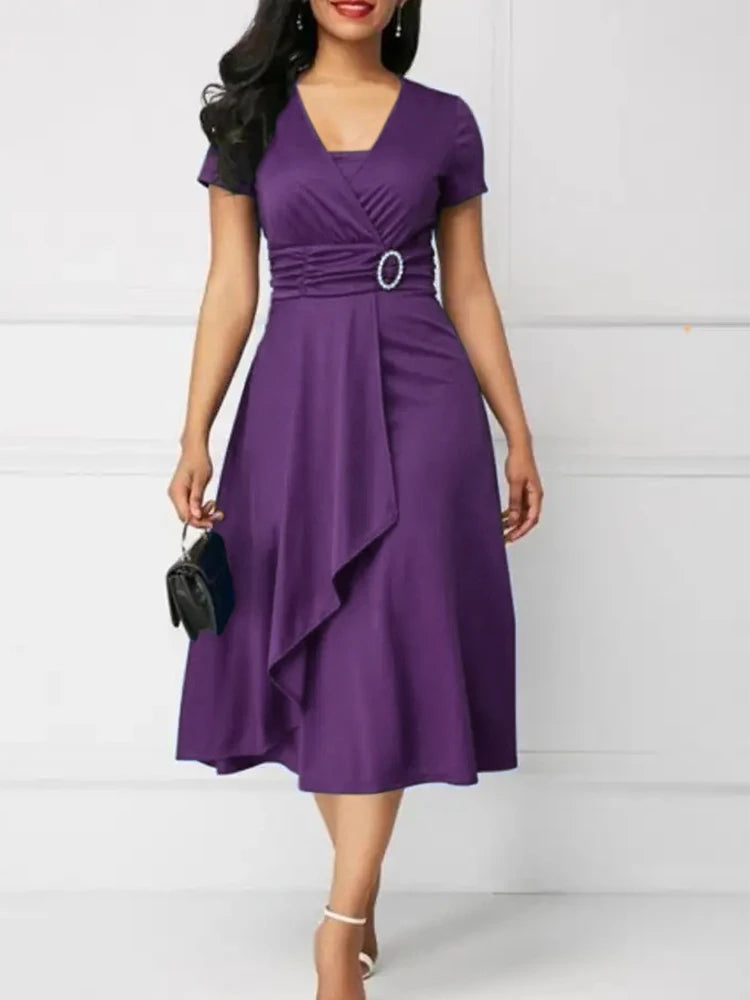 Elegant Women’s Solid Color V-Neck Asymmetric Hem Midi Dress