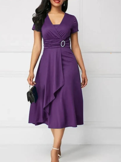 Elegant Women’s Solid Color V-Neck Asymmetric Hem Midi Dress