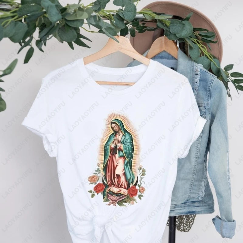 Virgen De Guadalupe Mary Tshirt Catholic Gift Mexican Religious Women Men Camisetas Christian Trend Tees Comfortable Cotton Tops