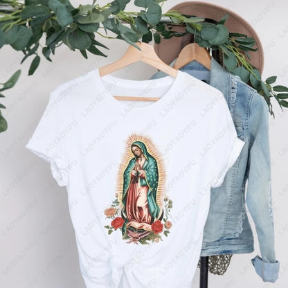 Virgen De Guadalupe Mary Tshirt Catholic Gift Mexican Religious Women Men Camisetas Christian Trend Tees Comfortable Cotton Tops