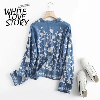 3/4 Sleeve Denim Shirt Women&