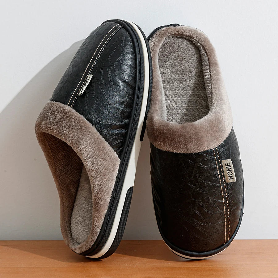 Men’s Winter PU Leather Slippers | Warm &amp; Waterproof Indoor Shoes