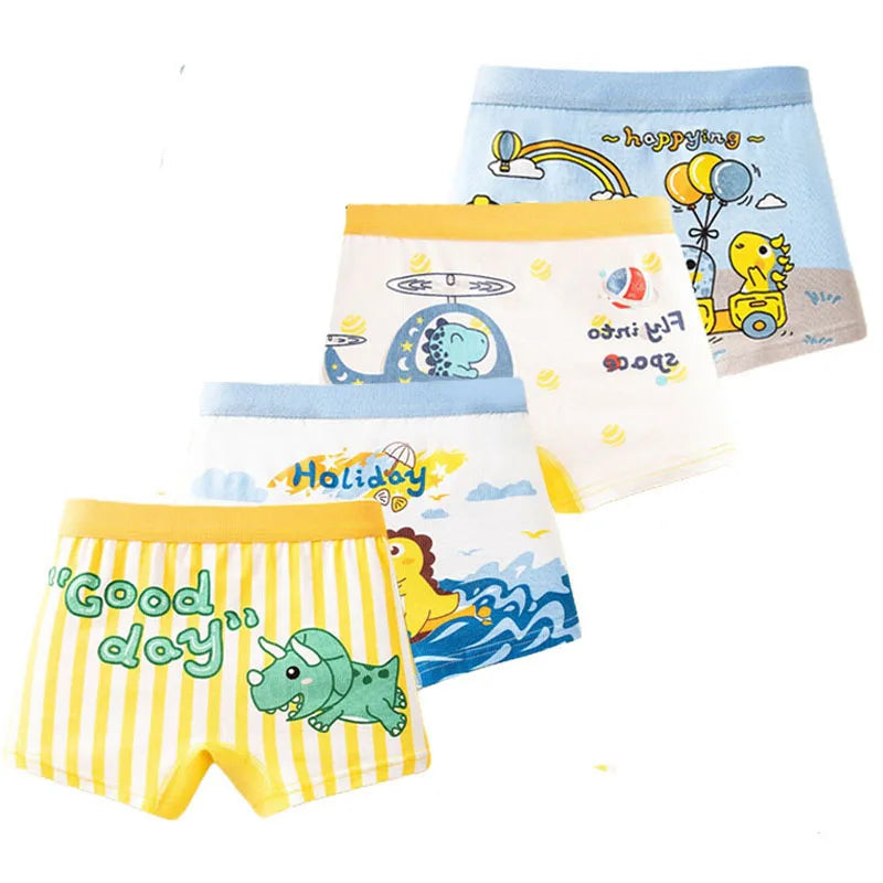 4 Pcs Kids’ Boxer Shorts Set | Cartoon Dinosaur Cotton Underwear