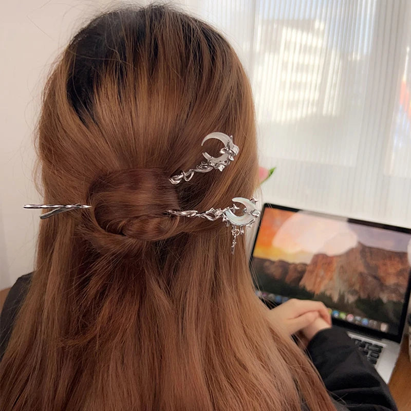 Romantic Moonstone Star &amp; Moon Hair Stick