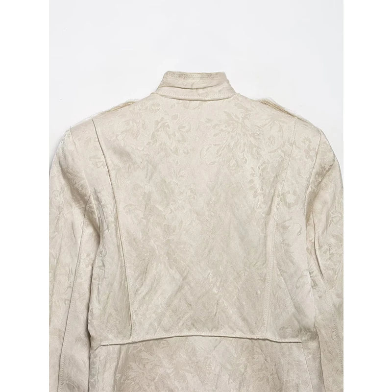 YENKYE New 2026 Women Jacquard Cropped Jacket High Neck Long Sleeve Frayed Trim Vintage Coat