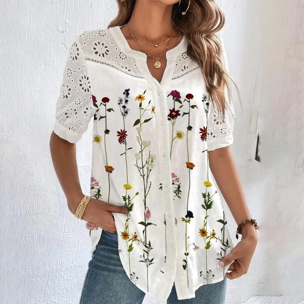 Women’s Lace Casual Short Sleeve Blouse – Elegant Holiday Top