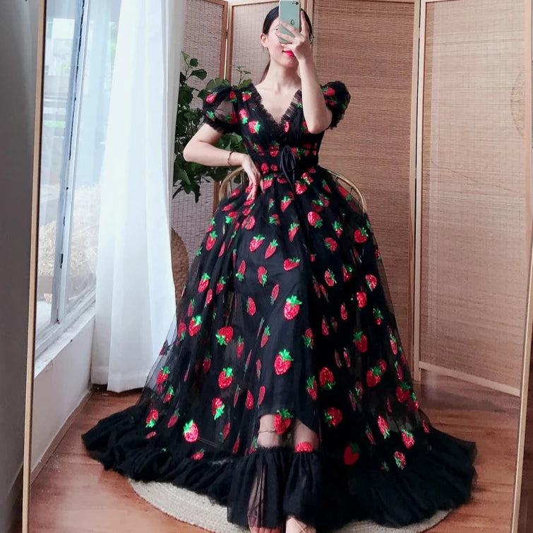 New In Sequined Strawberry Mesh Pleated Maxi Dress