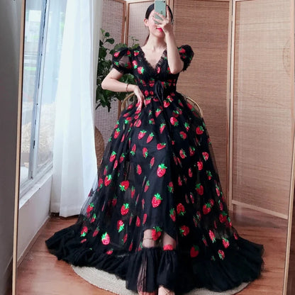 New In Sequined Strawberry Mesh Pleated Maxi Dress