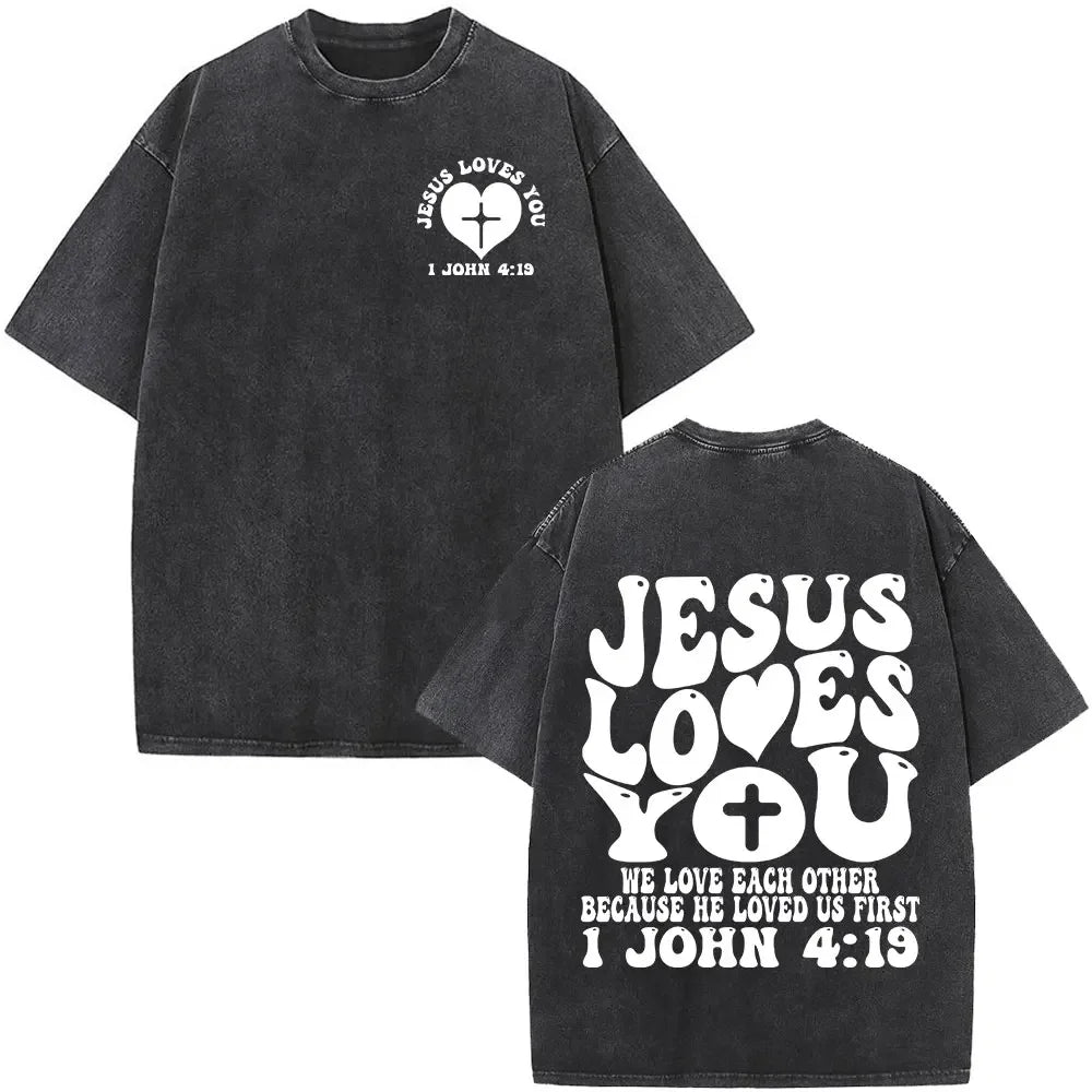 Heart Cross Christian Jesus Faith Over Fear Bible Verse Vintage Washed T-shirts Unisex Fashion Oversized T Shirts Cotton T-shirt