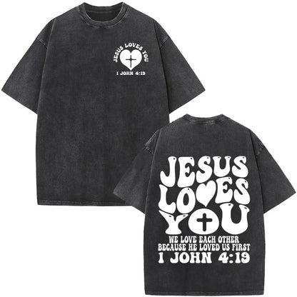 Heart Cross Christian Jesus Faith Over Fear Bible Verse Vintage Washed T-shirts Unisex Fashion Oversized T Shirts Cotton T-shirt