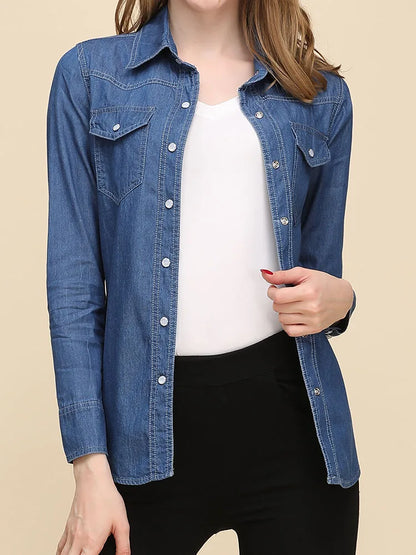 Spring 2026 New Denim Shirts And Blouse For Women Korean Style Long Sleeve Top Blue Or Sky Blue Color Jeans Elegant Blouses