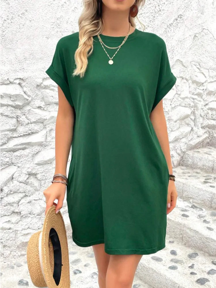 Pure Color Minimalist T-Shirt Dress with Pockets