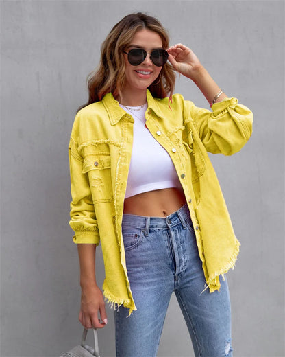 2025 Holes Raw-edges Denim Jacket Women Spring Autumn Shirt Style Jeancoat Casual Top Rose-Red Orange Purple Outerwear Lady Coat