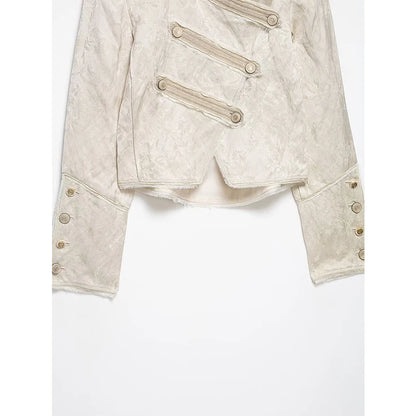 YENKYE New 2026 Women Jacquard Cropped Jacket High Neck Long Sleeve Frayed Trim Vintage Coat
