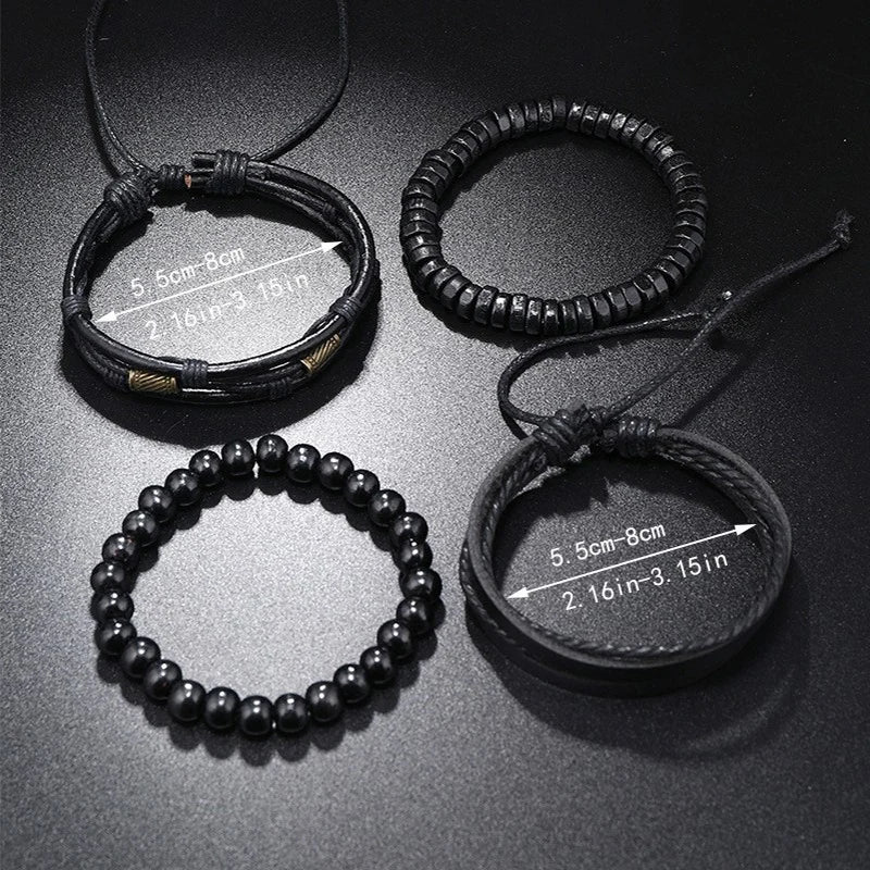 Vintage Multi-Layer Wooden Bead &amp; Leather Bracelet Set