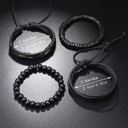 Vintage Multi-Layer Wooden Bead &amp; Leather Bracelet Set