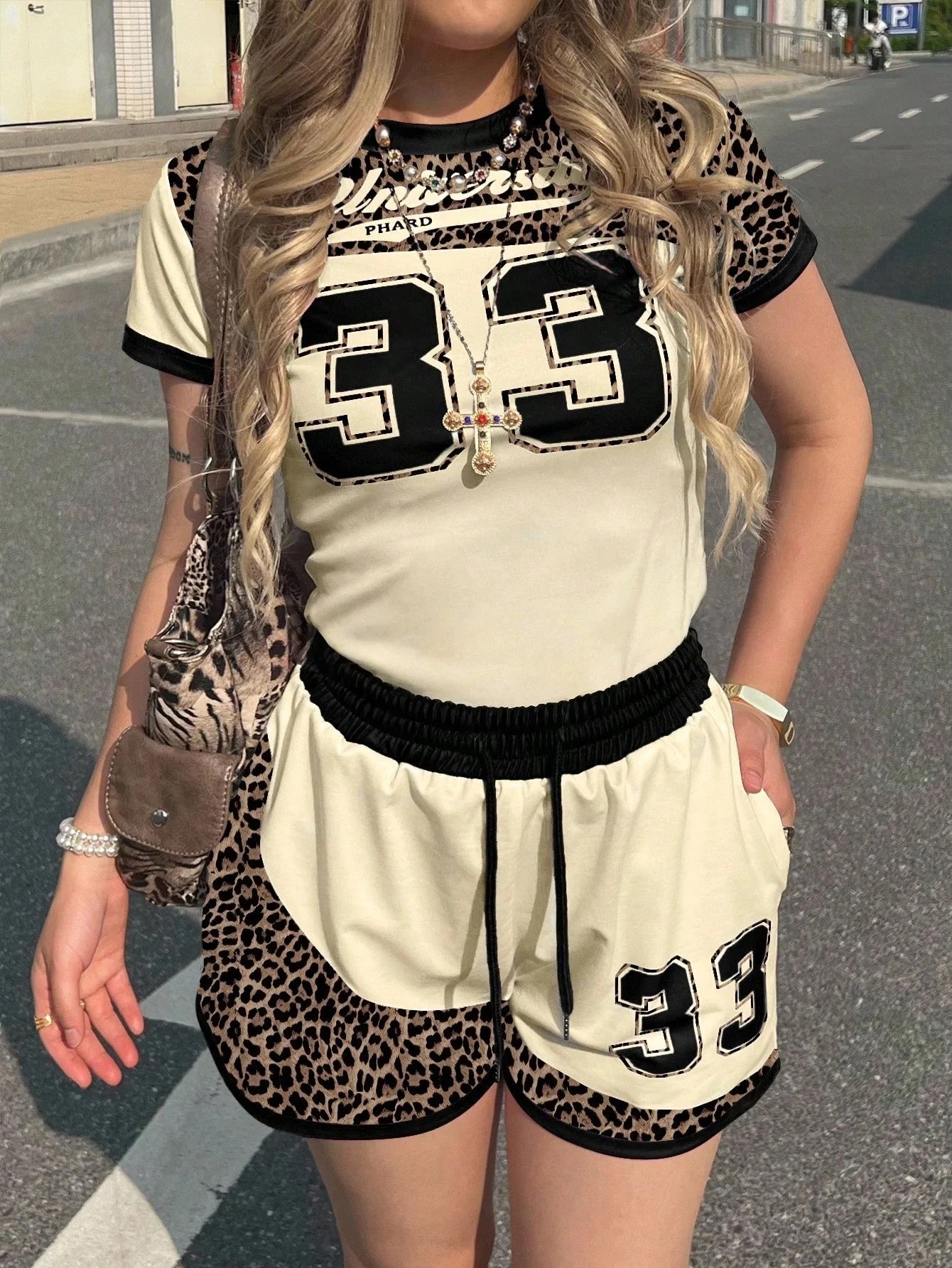 New Summer American Street Trend Spicy Girl Ins Style 33 Jersey Element T-shirt Set Casual Adult Oversized Women&