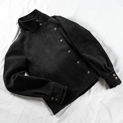 New Trendy Men Womens Black Asymmetrical Collar Short Jacket Y2K Retro Denim Coat Casual Fashion Harajuku Stand Up Collar Coat