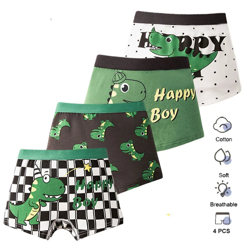 4 Pcs Kids’ Boxer Shorts Set | Cartoon Dinosaur Cotton Underwear