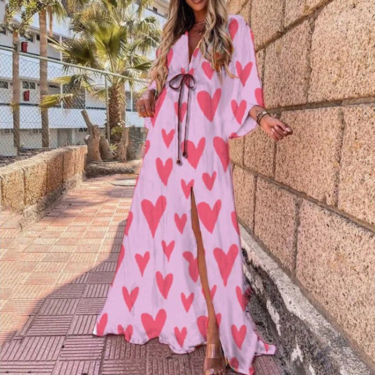 Bohemian Print Swing Dress V Neck Ankle Length