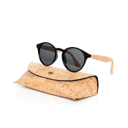 Round Bamboo Grain Polarized Sunglasses with Case – Unisex Wooden Style Shades