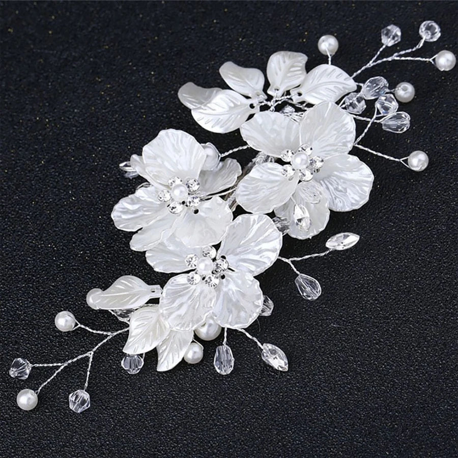 White Handwoven Flower Hair Clip with Pearls &amp; Crystals