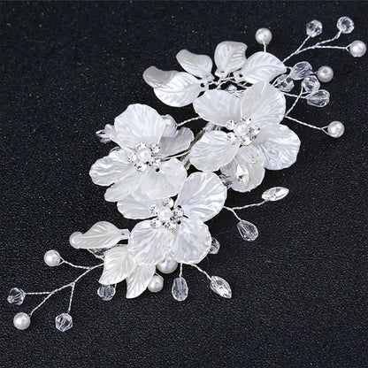 White Handwoven Flower Hair Clip with Pearls &amp; Crystals