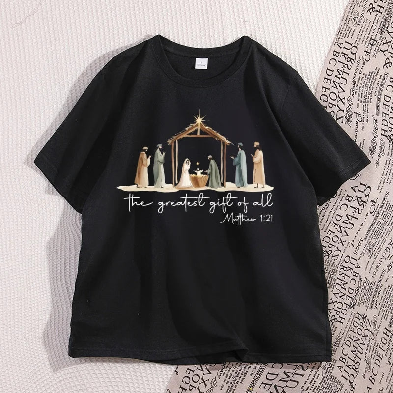 The Greatest Gift of All Tshirt Nativity Religious Christmas T Shirt Jesus Love T-Shirt Casual Cotton Round Neck Graphic Tees
