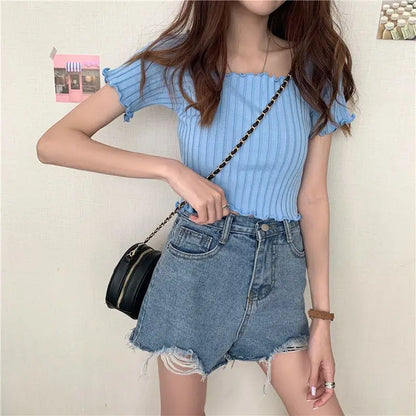 Women’s Off-Shoulder Knitted Slim Fit Knitted Short Sleeve Y2K Tee