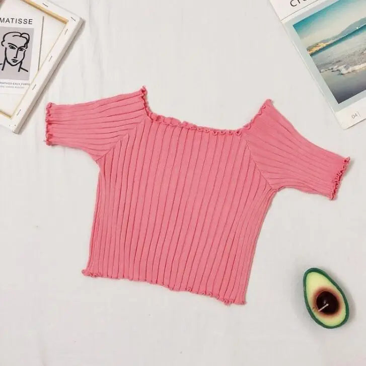 Women’s Off-Shoulder Knitted Slim Fit Knitted Short Sleeve Y2K Tee