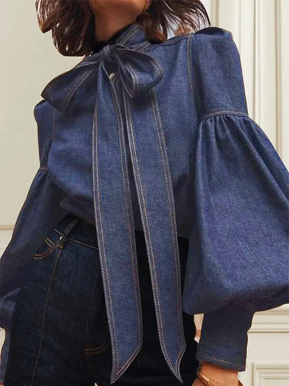 Gymystars New Trendy Imitation Denim Blouse Tops for Women Long Puff Sleeves Bow-Embellished High Neck Women&