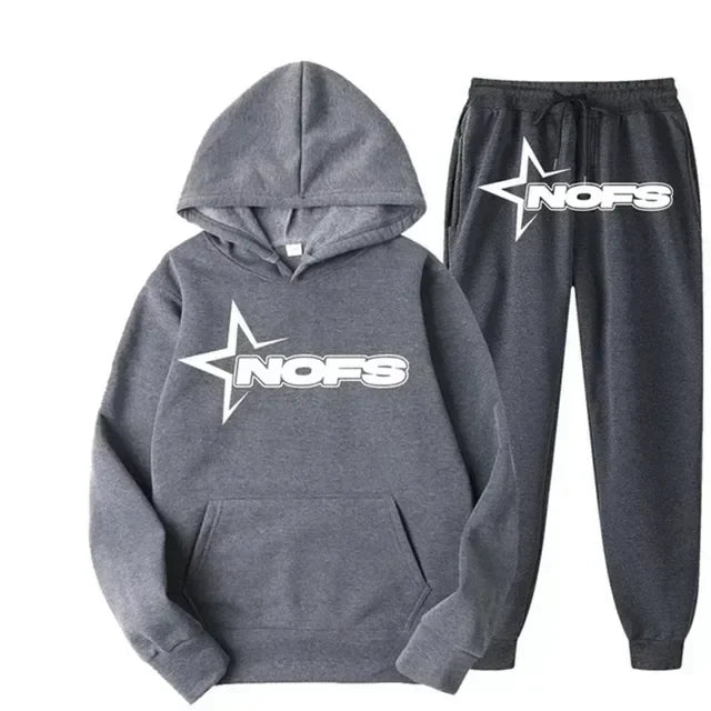 Streetwear NOFS Star Print Tracksuit Black Hoodie and Joggers Set for Men Women