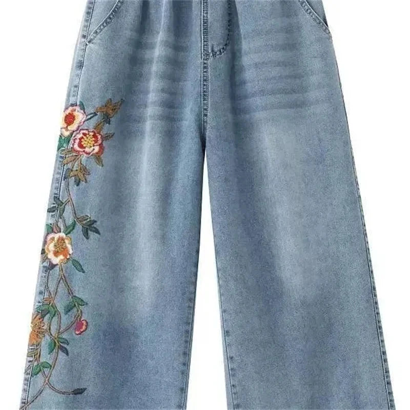 Artistic retro Heavy industry Embroidered Denim Wide leg Pants Spring Summer 2025 New Women&