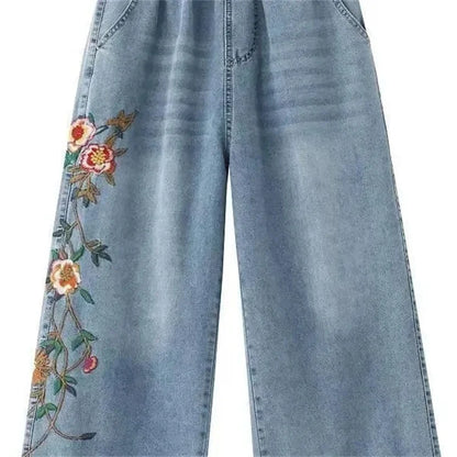Artistic retro Heavy industry Embroidered Denim Wide leg Pants Spring Summer 2025 New Women&