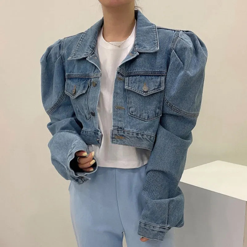 Matakawa Short Jackets Women Solid Autumn Puff Sleeve Vintage Korean Fashion  Denim Chaquetas Simple Elegant Veste Femme
