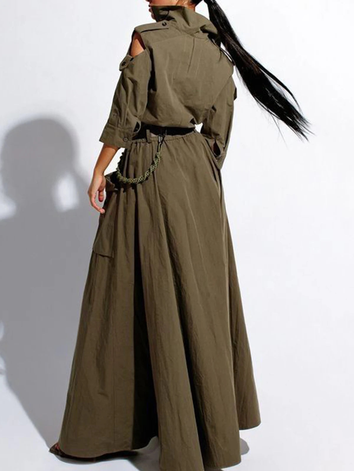 Retro Cold Shoulder Maxi Dress with Belt and Pockets