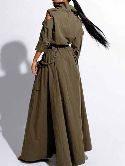 Retro Cold Shoulder Maxi Dress with Belt and Pockets
