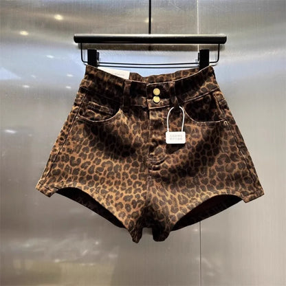 2025 Leopard Print High Waist Denim Shorts Women&