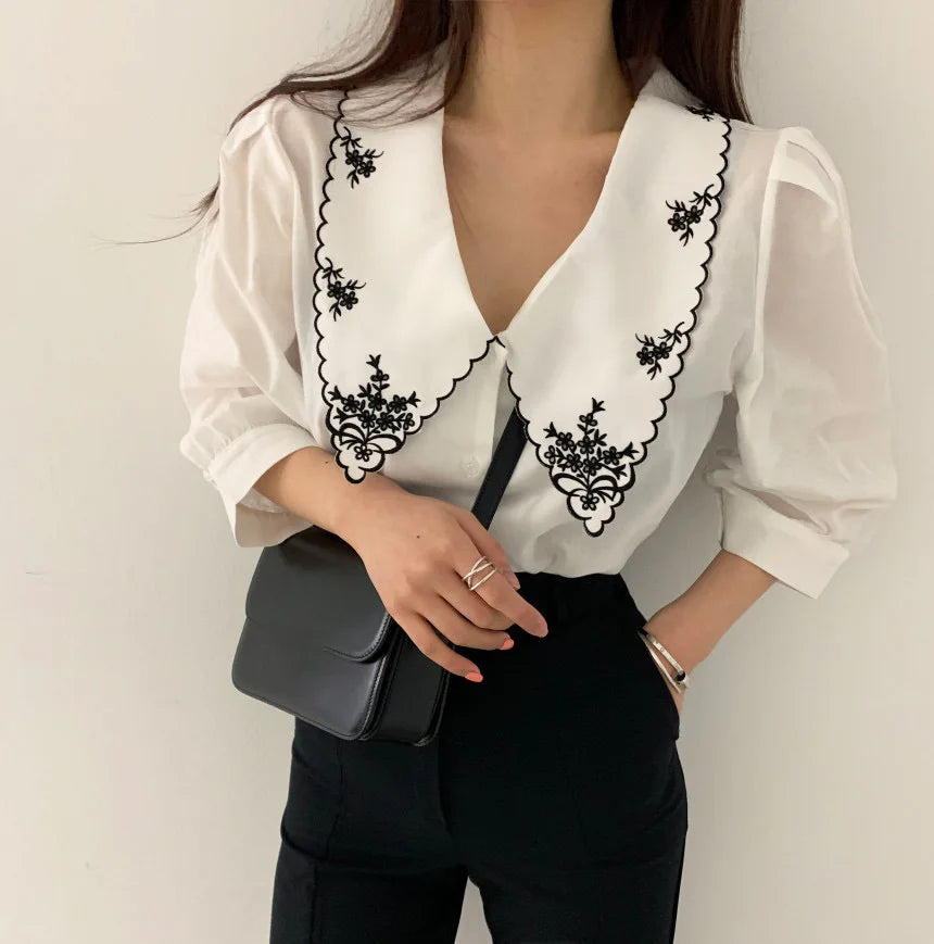 Vintage Half Sleeve Peter Pan Collar Shirt for Women