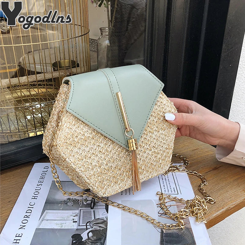 Bohemian Hexagon Straw & Leather Handbag