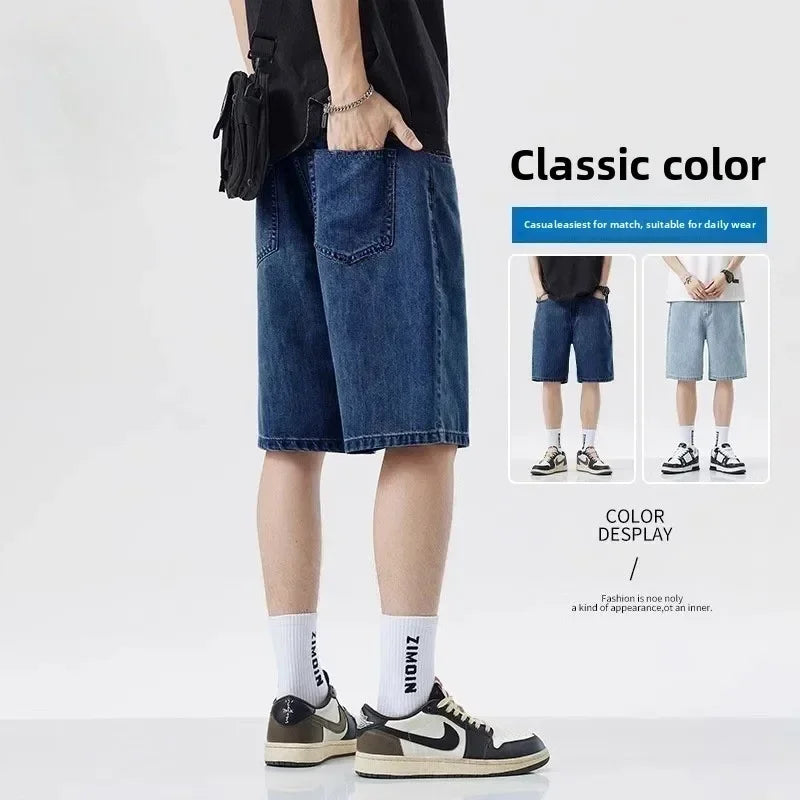2025 Summer Classic Shorts Jeans Men Denim Pants Straight Stretch Casual Cool Thin Knee Length Blue Fashion Brand Daily Trousers