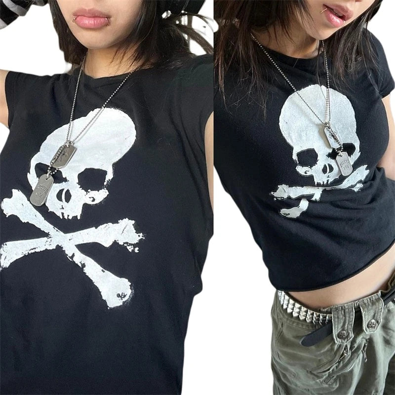 Vintage Grunge Skull Graphic Crop Top | Y2K Gothic Punk Tee