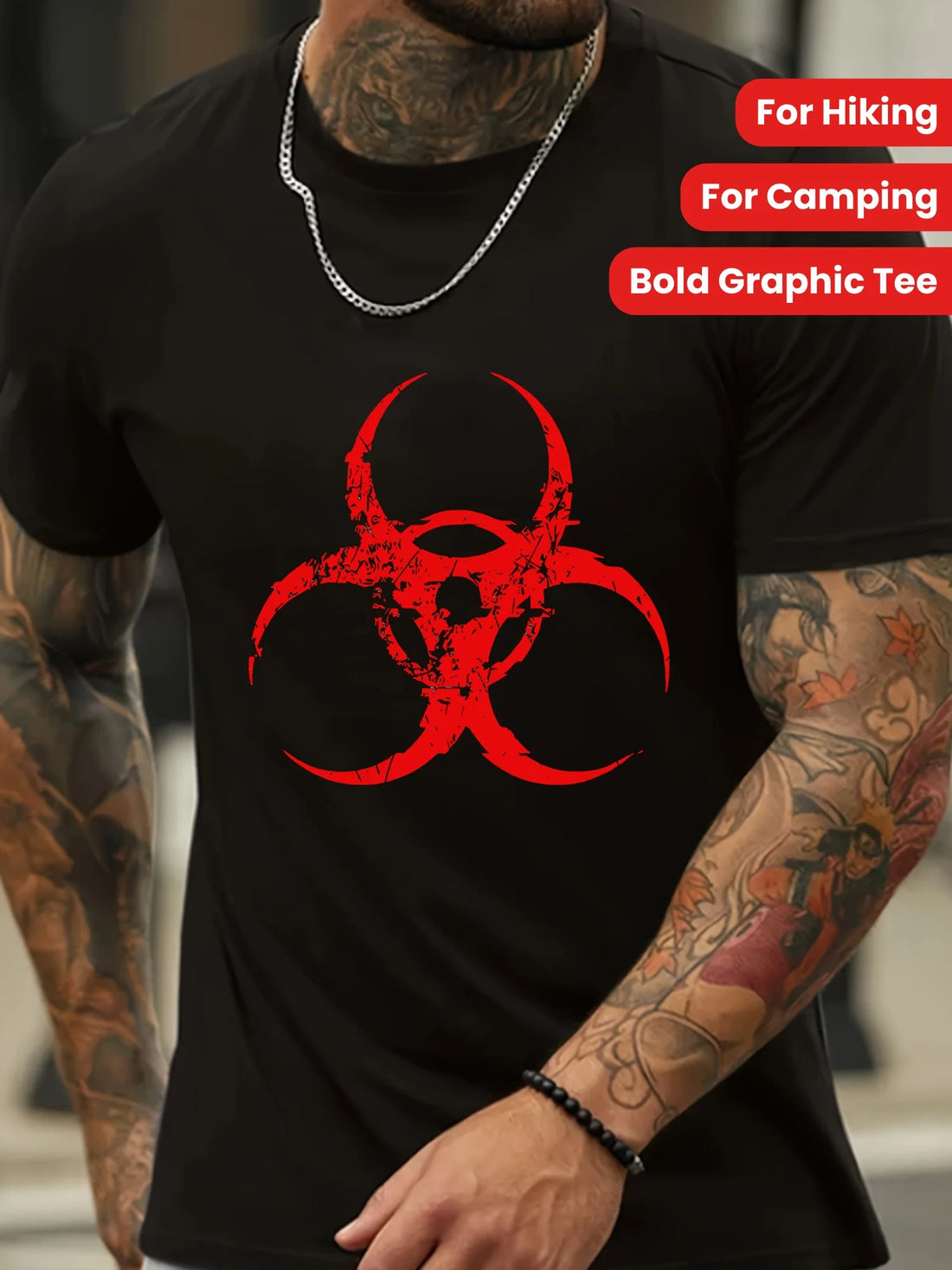 Men’s Black Cotton T-Shirt with Red Biohazard Symbol