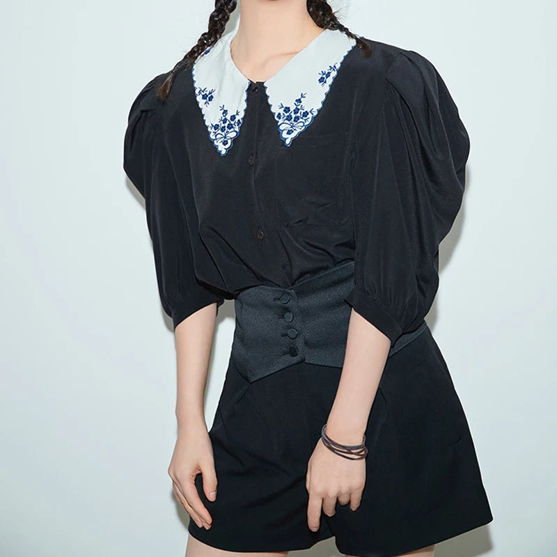 Vintage Half Sleeve Peter Pan Collar Shirt for Women