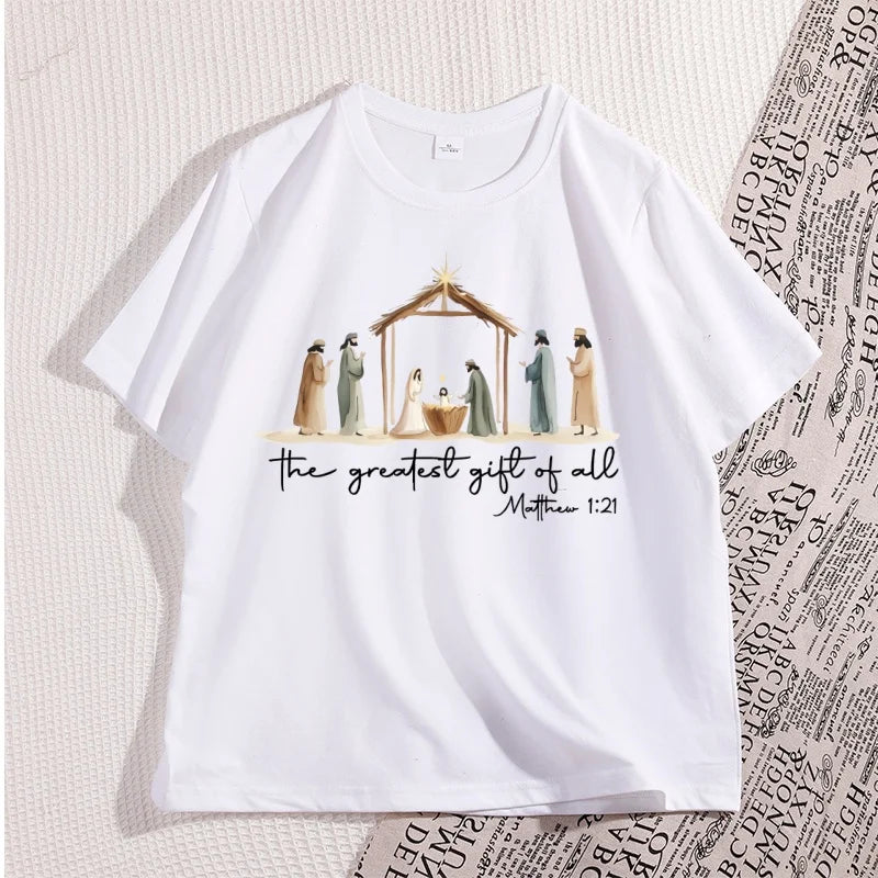 The Greatest Gift of All Tshirt Nativity Religious Christmas T Shirt Jesus Love T-Shirt Casual Cotton Round Neck Graphic Tees