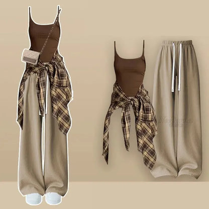 Women 2026 Spring Summer New Casual Tracksuit Matching Set Korean Elegant Plaid Long Sleeve Shirt+Strap+Loose Pants 3-Piece Suit