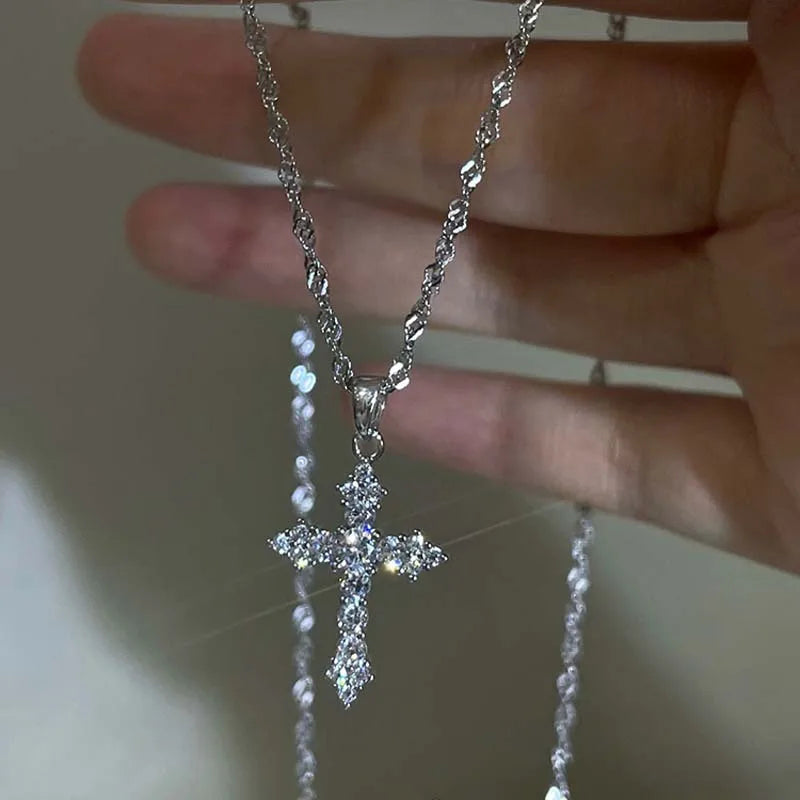 Silver Crystal Cross Pendant Necklace